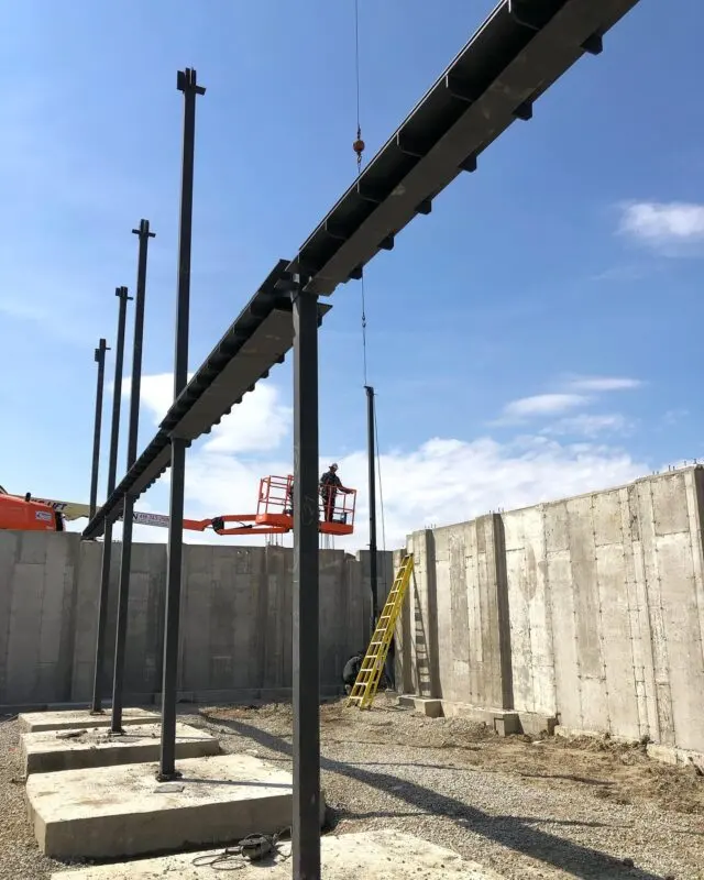 Steel columns and beam installed on a job site